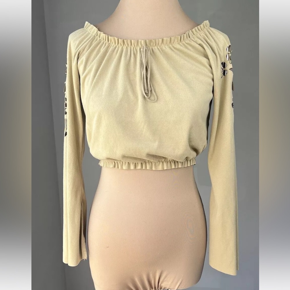 Vintage Bohemian Gypsy Hippie Faux Suede Floral Burnout Bell Sleeve Crop Top M